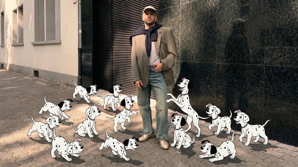 A man in a blazer and jeans stands surrounded by a playful group of cartoon dalmatian puppies. The whimsical scene blends animation with a real-world street setting.