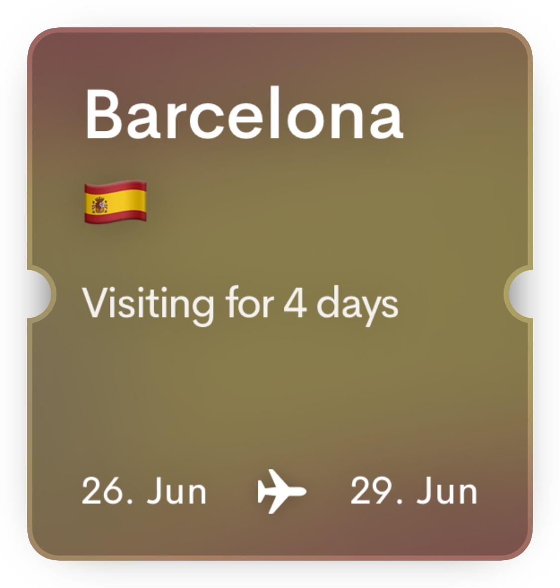 A graphic displays 'Barcelona' with the Spanish flag, indicating a visit for 4 days from June 26th to June 29th.