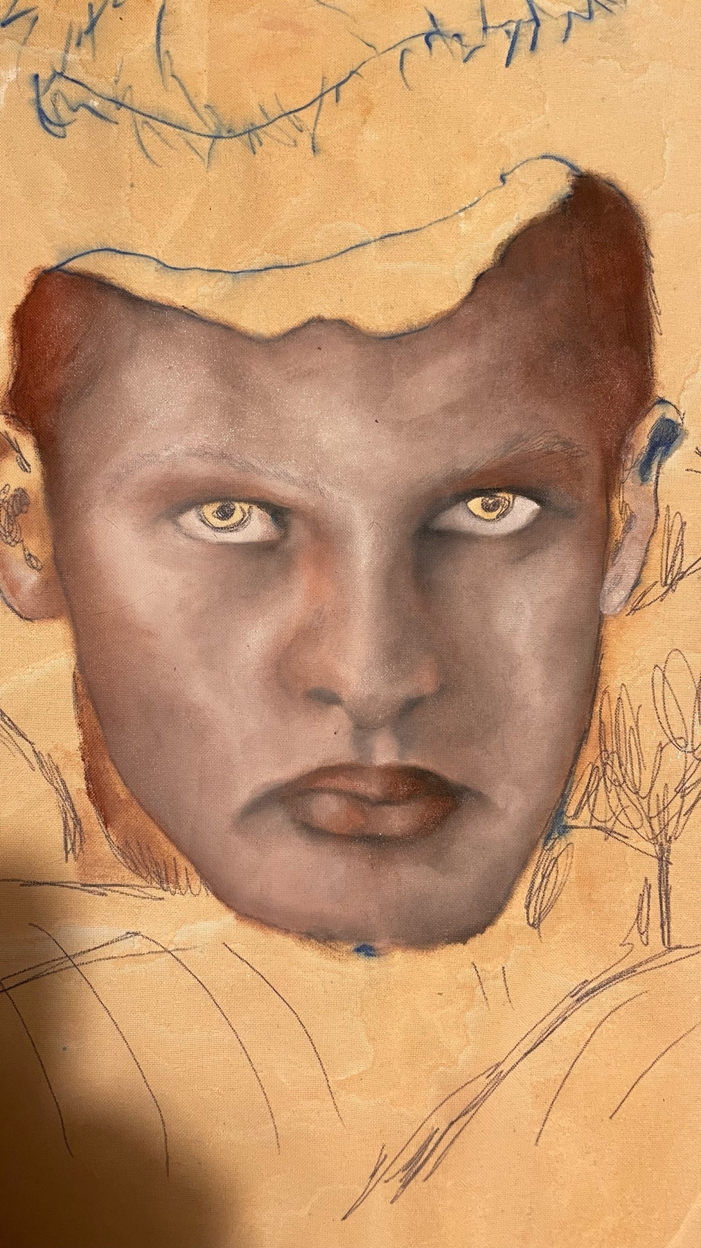 A close-up, surreal portrait illustration of a man's face with intense, glowing yellow eyes and a stern expression. The artwork combines painted elements with rough sketches, creating a unique and unsettling aesthetic.
