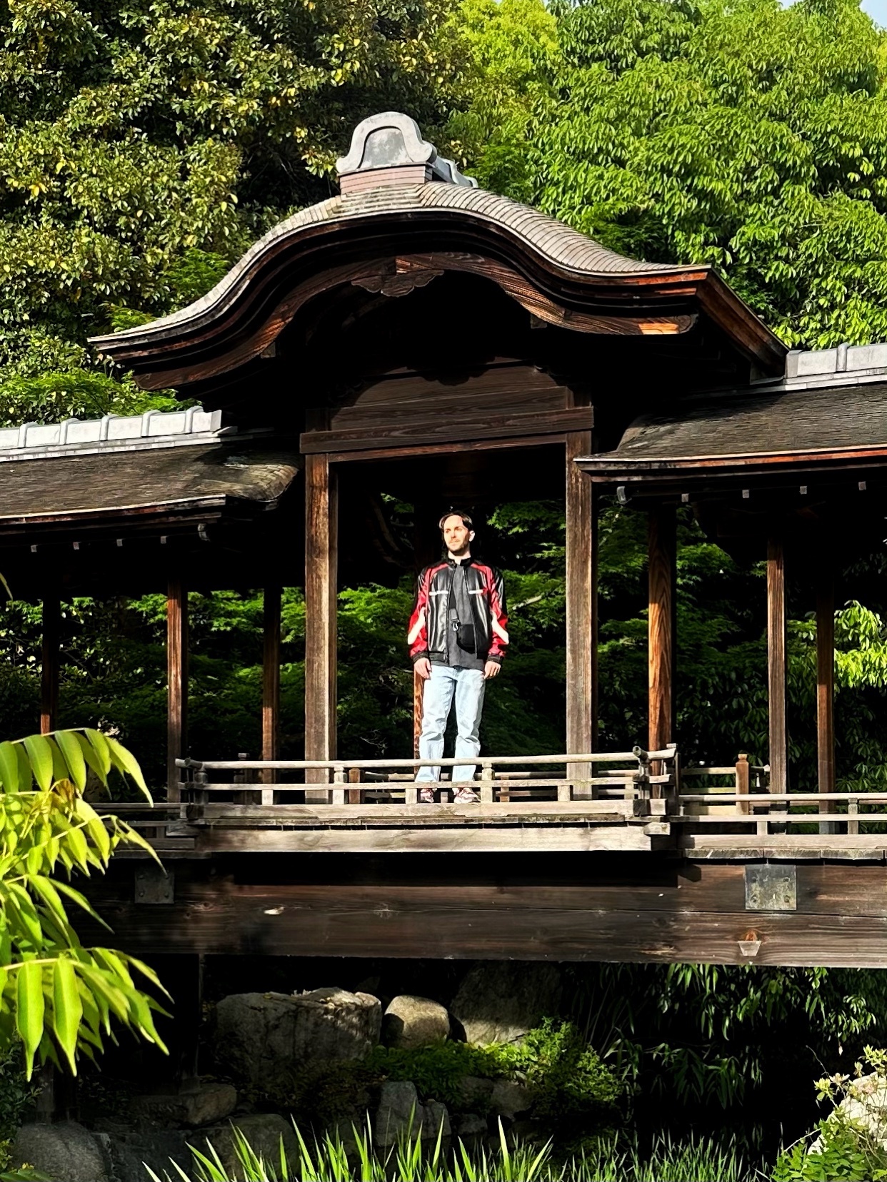 A man stands on a wooden bridge in a lush green park in Kyoto, Japan. The bridge features traditional Japanese architecture with a curved roof and intricate wooden details.