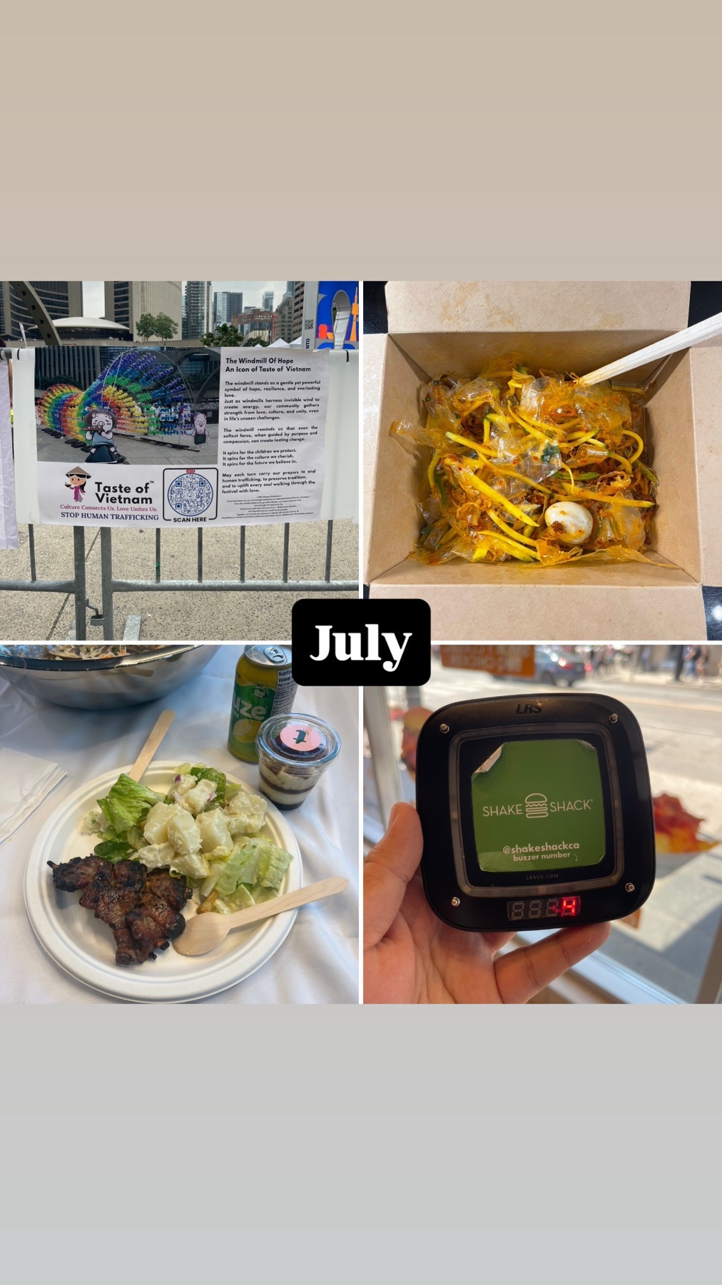 A collage of food photos, including noodles, salad, and a plate of meat. The photos are taken at a restaurant and a street food event.