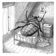 A surreal illustration depicts a giant beetle lying on a bed in a dimly lit room. The beetle's legs are splayed out, and it appears to be struggling to move. The room is sparsely furnished, with a window, a nightstand, and a framed picture on the wal