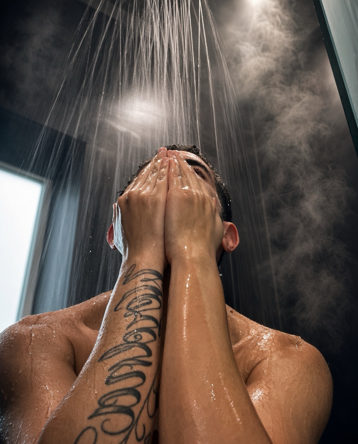 A man with tattoos on his arm is showering, with his hands covering his face as water streams down.