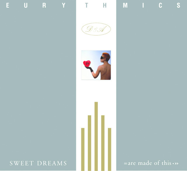 The album cover for Eurythmics' "Sweet Dreams" features a minimalist design with a central image of a person holding a heart. The color palette is muted, with text and graphics arranged in a clean, retro style.