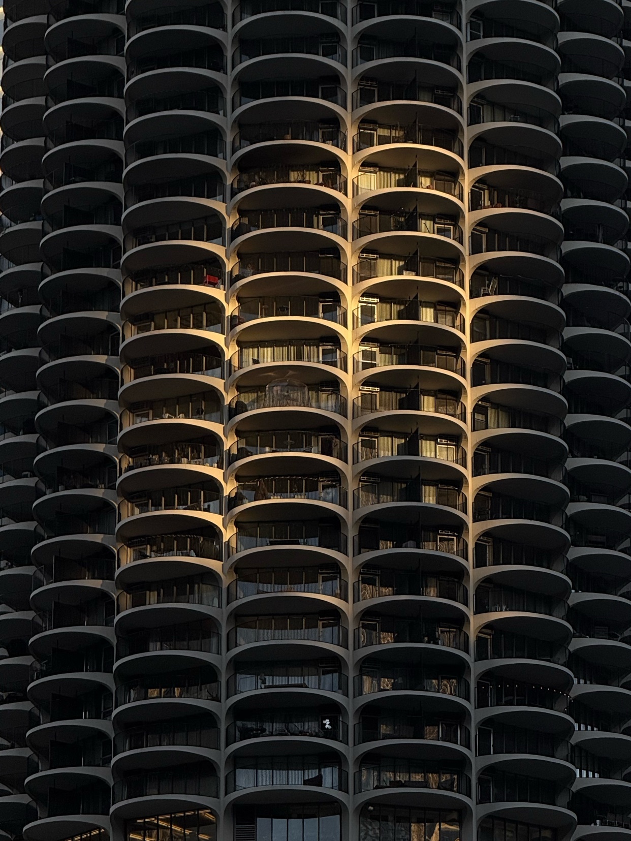 A close-up shot of the Marina City Towers in Chicago, showcasing the unique circular balconies and architectural design. The play of light and shadow highlights the building's texture and form.