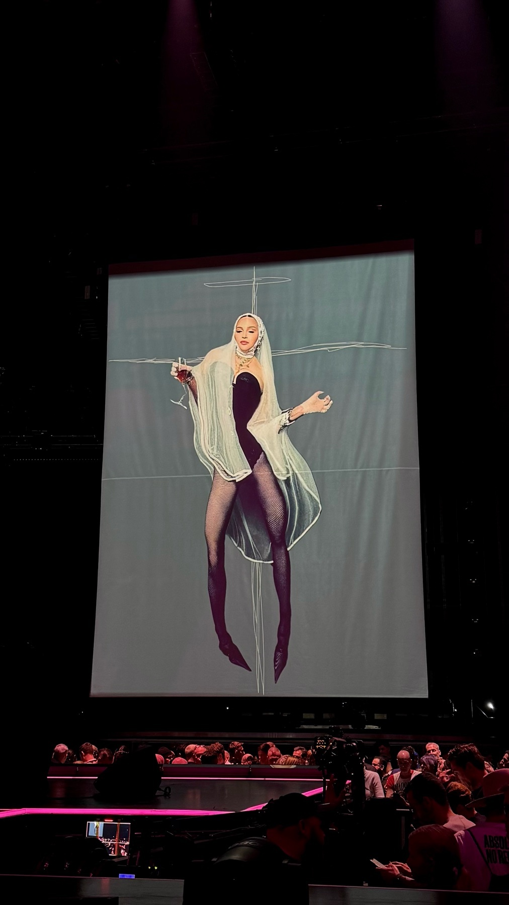 A woman in a black dress and veil is projected on a large screen during a performance. The image is captured from the audience's perspective.