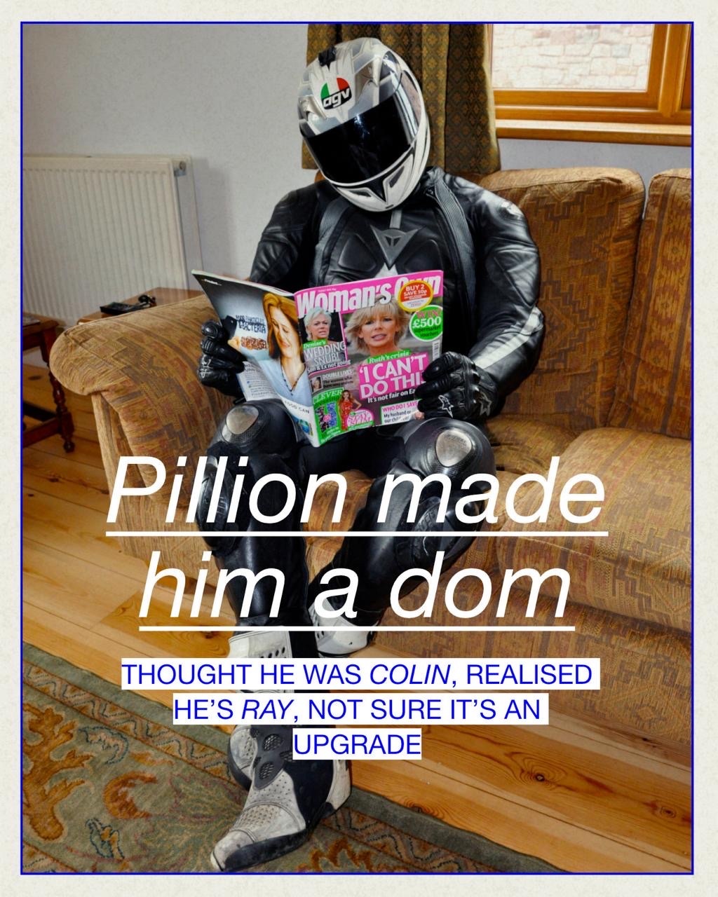 A person in motorcycle gear reads a magazine. The image has text overlay with a humorous caption.
