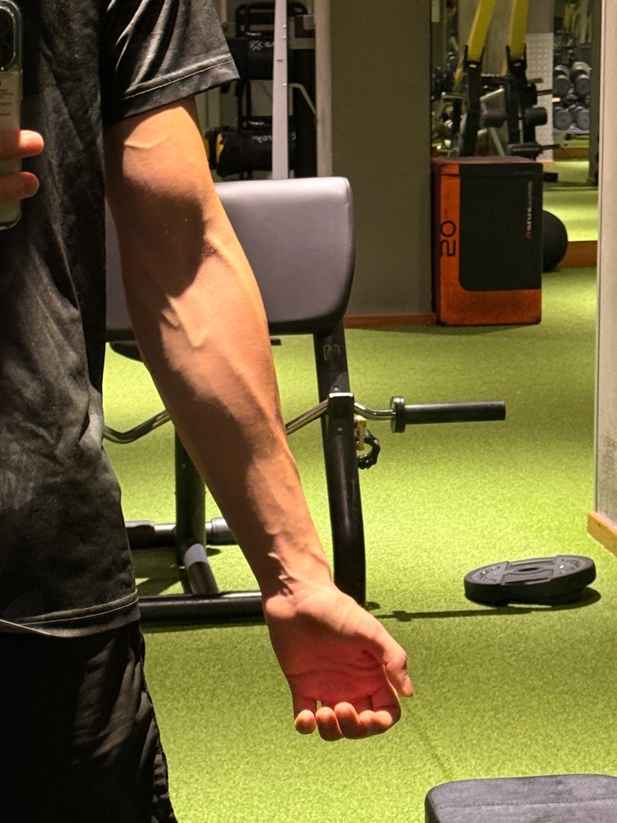 A man's arm is flexed, showcasing prominent veins and muscular definition. The photo is taken in a gym setting.
