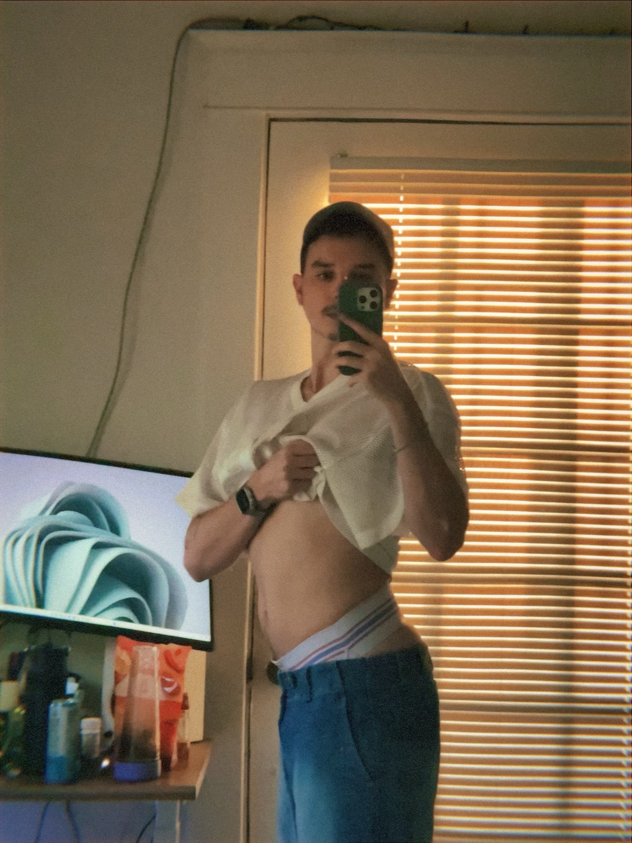 A man takes a mirror selfie, lifting his shirt to reveal his underwear. The photo is taken indoors, with a window and television visible in the background.