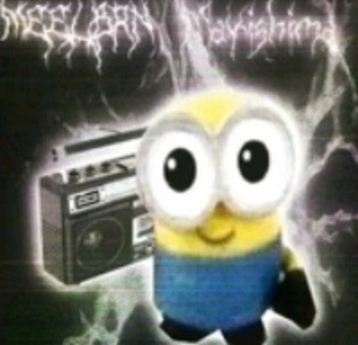 A minion character is featured prominently in the foreground, with a boombox visible in the background. The image has a dark, electric, and somewhat distorted aesthetic.