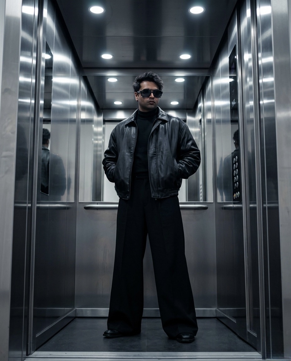 A man stands in an elevator wearing a black leather jacket, a black turtleneck, and wide-leg black pants. He is also wearing sunglasses and has his hands in his pockets.