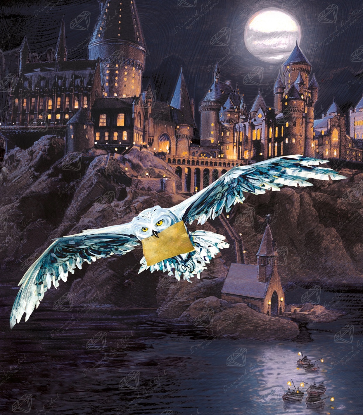 A snowy owl with a golden envelope in its talons flies in front of a majestic castle at night. The moon shines brightly in the sky, illuminating the scene.