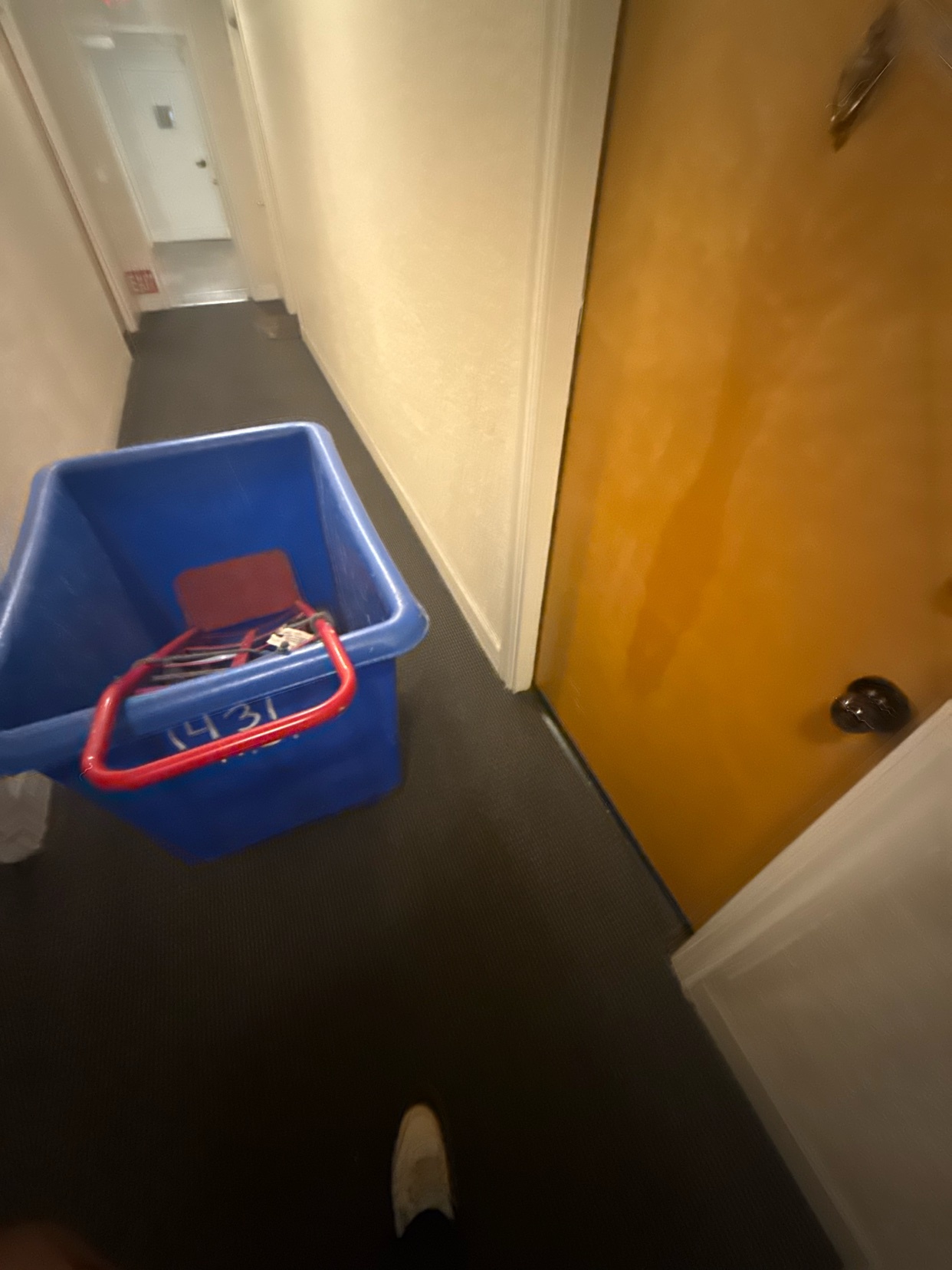 A blue cleaning bucket with a red handle sits in a hallway next to a closed wooden door. The bucket contains cleaning supplies and a red object. The floor is dark carpet, and the walls are cream-colored. The caption indicates the user is moving out o