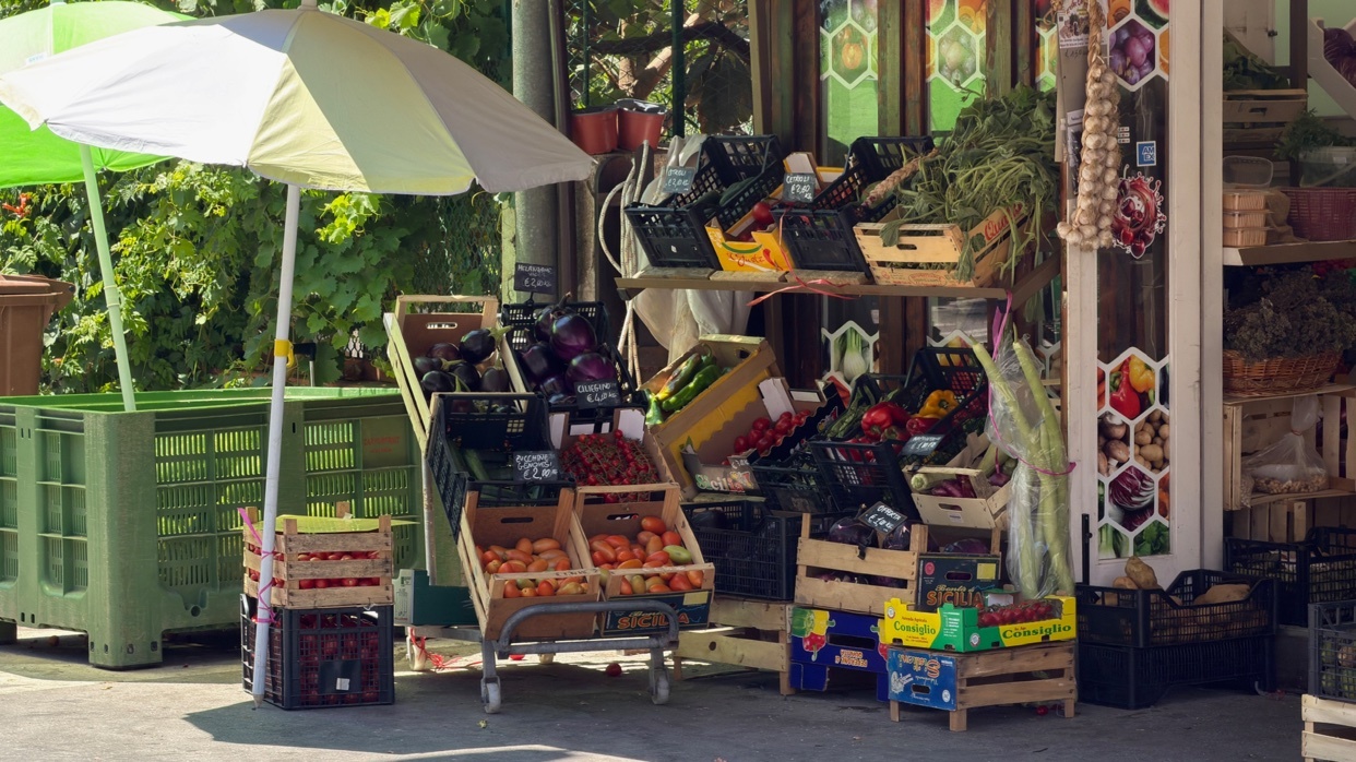 A vibrant outdoor market stall overflows with fresh fruits and vegetables, including tomatoes, peppers, and leafy greens, displayed in wooden crates under a white umbrella.