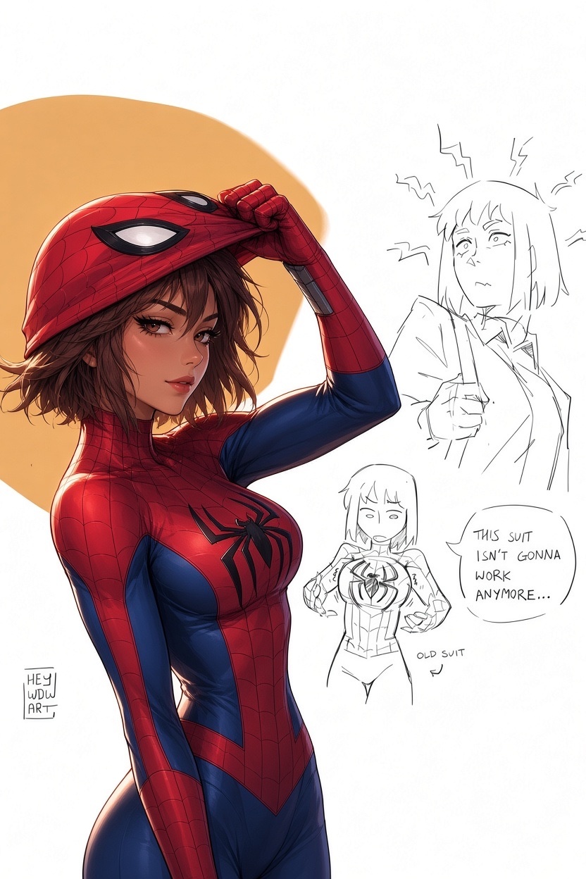 A digital illustration depicts a woman in a Spider-Man costume, pulling her mask up to reveal her face. To the right, a rough sketch shows the same character looking frustrated, with text bubbles indicating dissatisfaction with her 'old suit'.