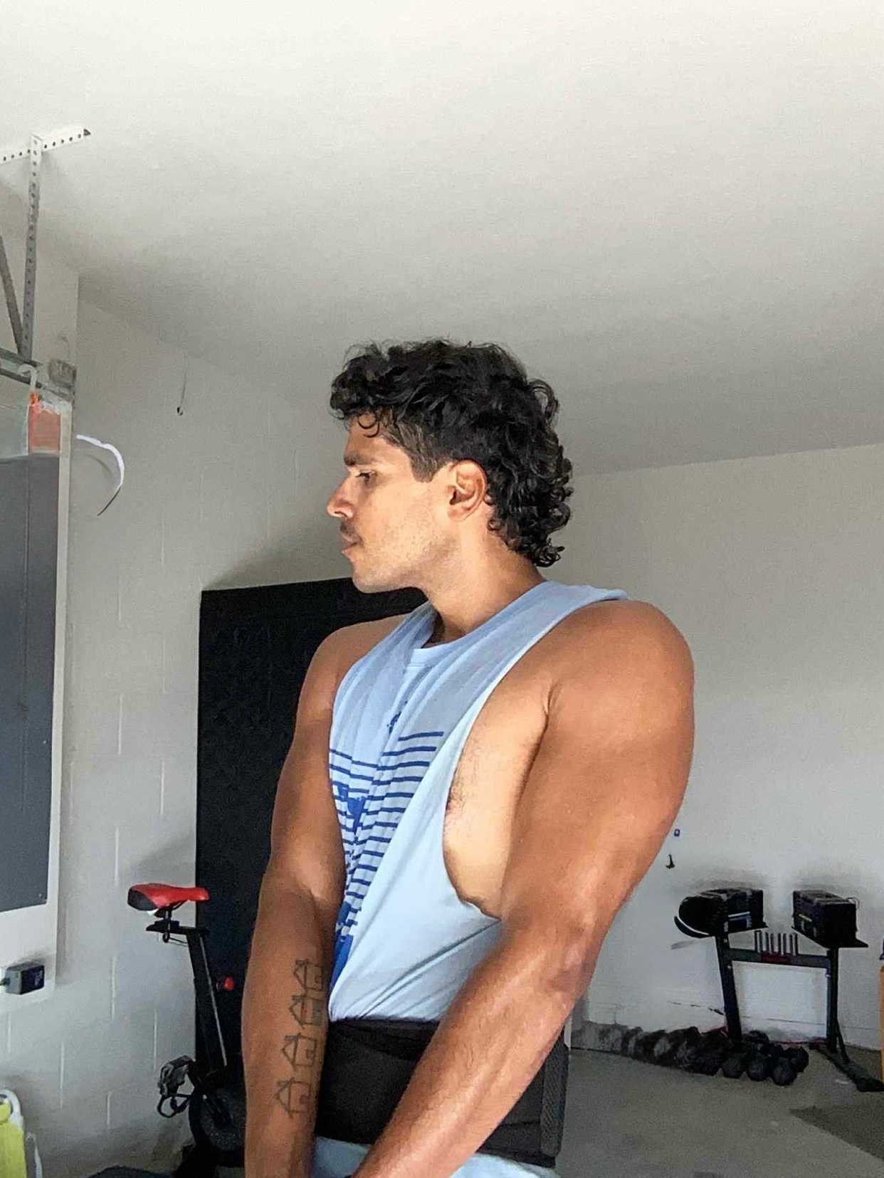 A man with curly hair and a mustache poses in a light blue tank top, showing off his bicep. He appears to be in a home gym setting with exercise equipment in the background.