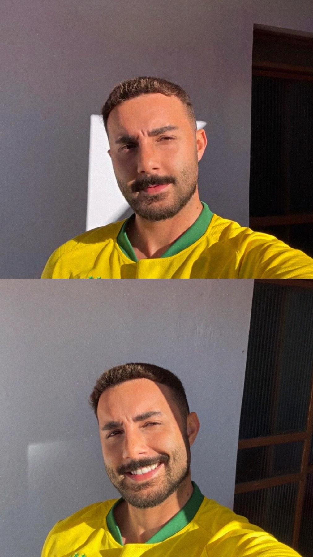 A man with short dark hair, a mustache, and stubble smiles at the camera in two photos. He is wearing a yellow jersey with green trim.