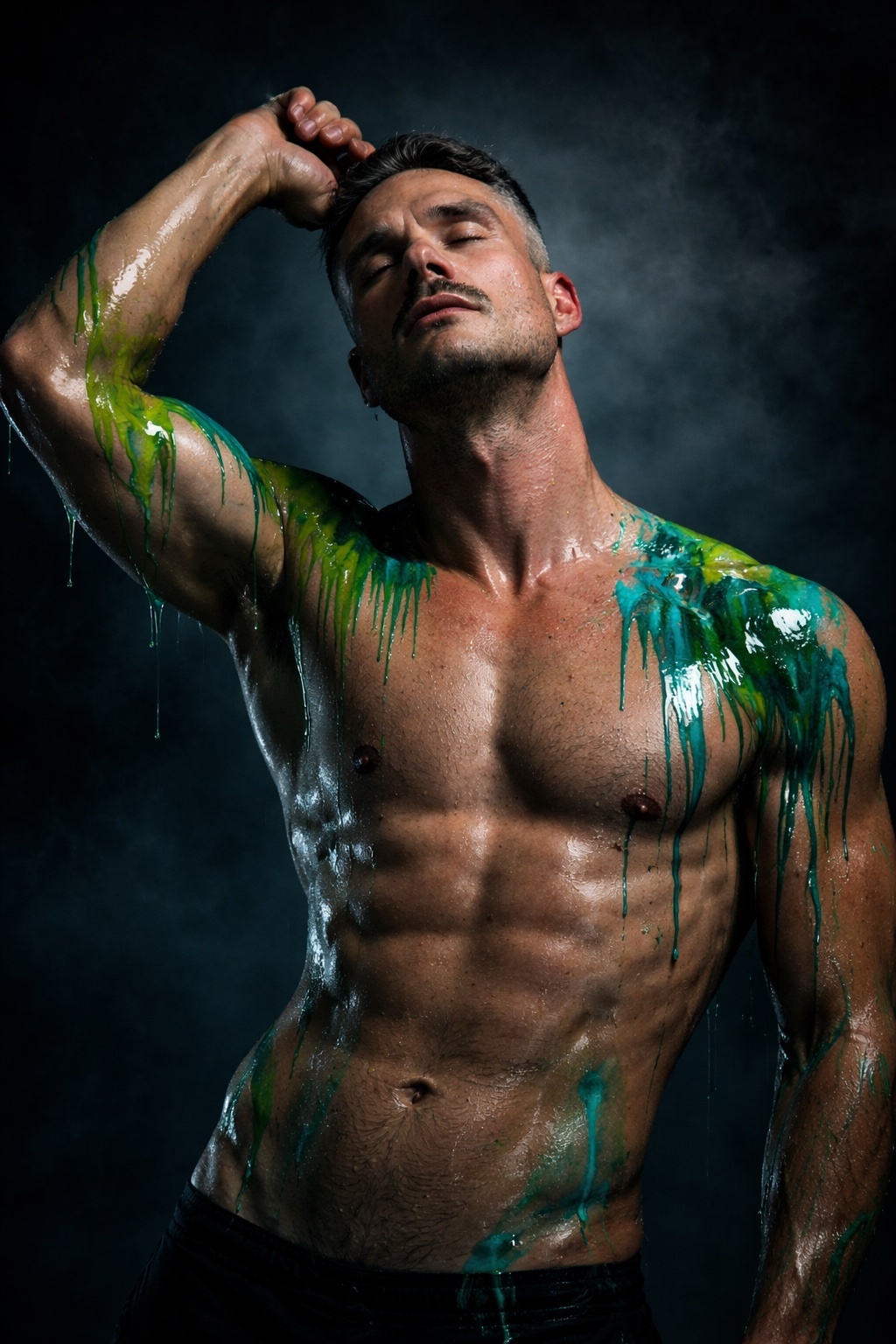 A man poses shirtless, with body paint dripping down his torso. The image is a studio shot with a dark background.
