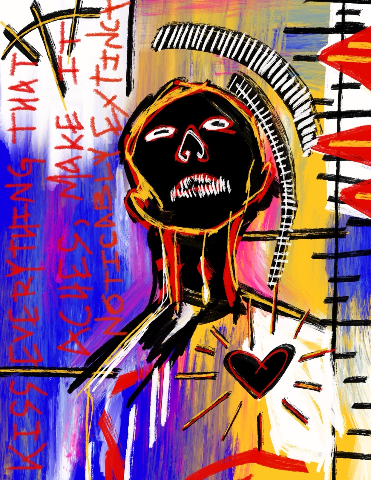A bold, neo-expressionist painting in the style of Basquiat features a black-faced figure with a red heart on its chest. The artwork is filled with energetic brushstrokes, text, and vibrant colors.