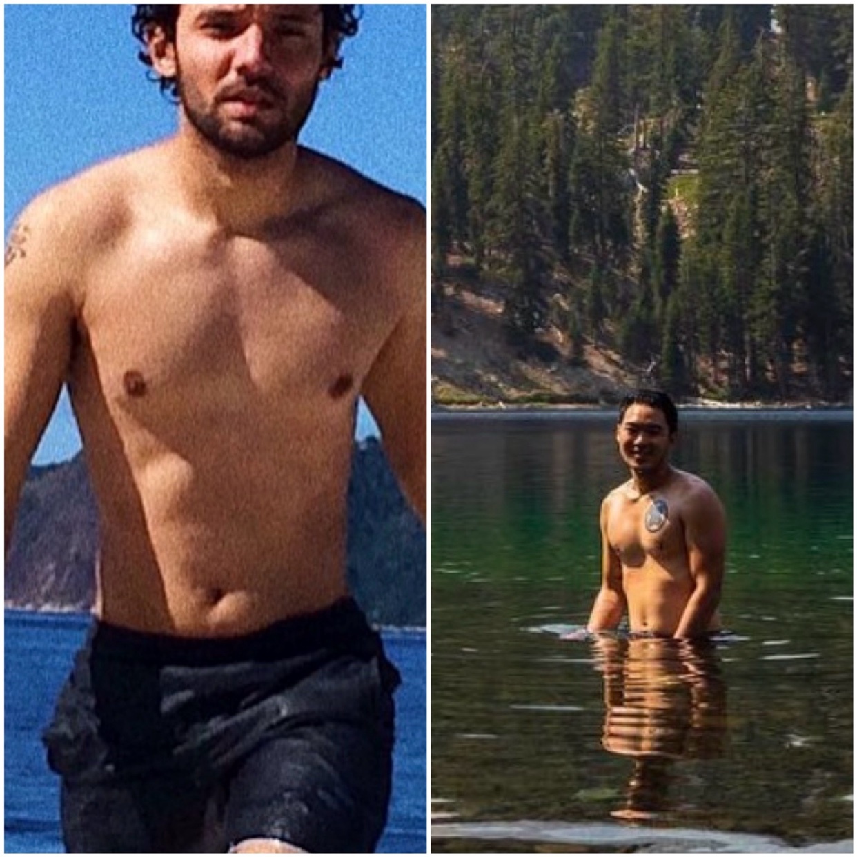 Two shirtless men pose in water. One is standing on a beach, and the other is in a lake.