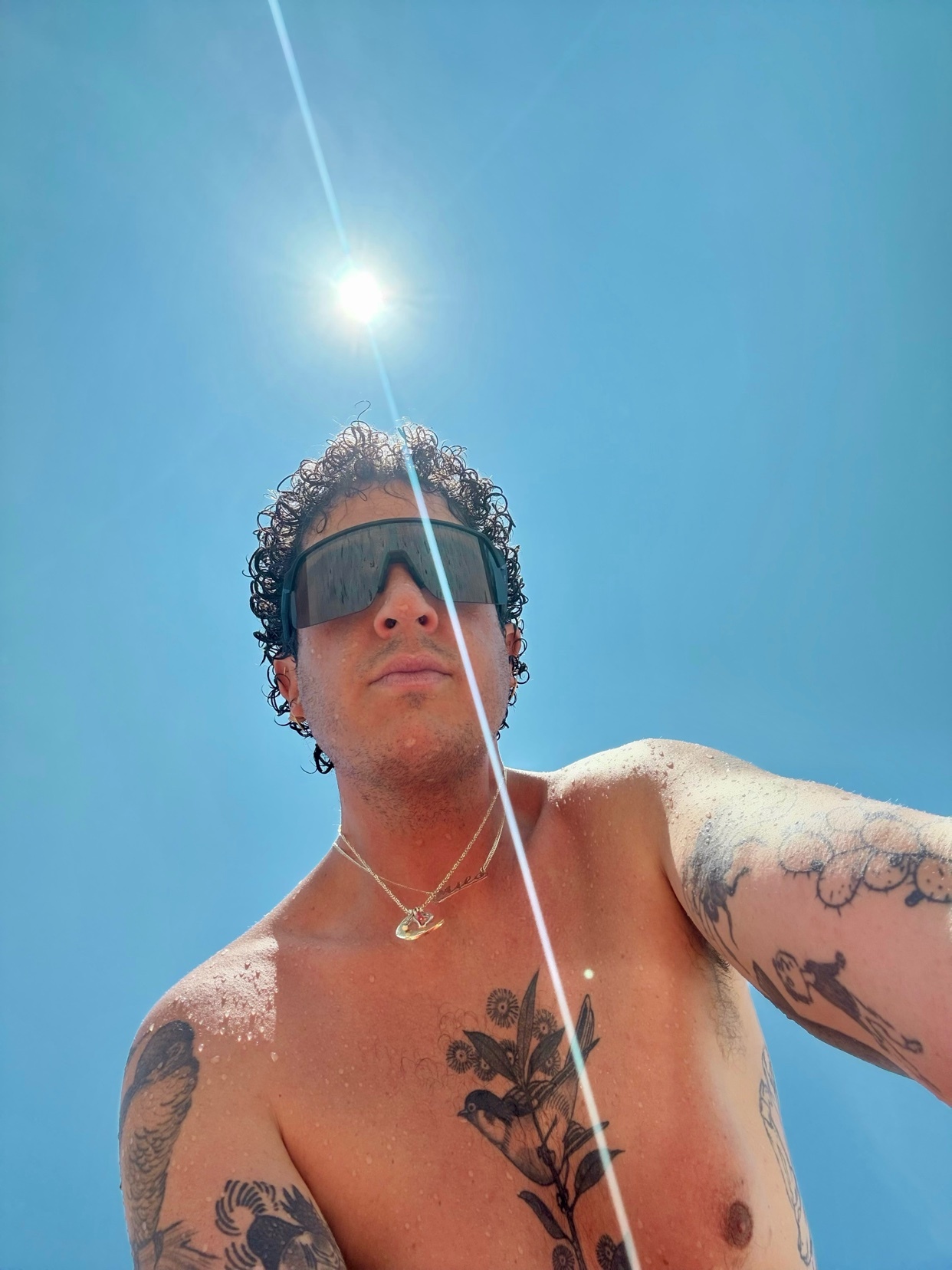 A man poses shirtless, showcasing tattoos against a bright blue sky. The sun shines brightly, creating a lens flare effect.