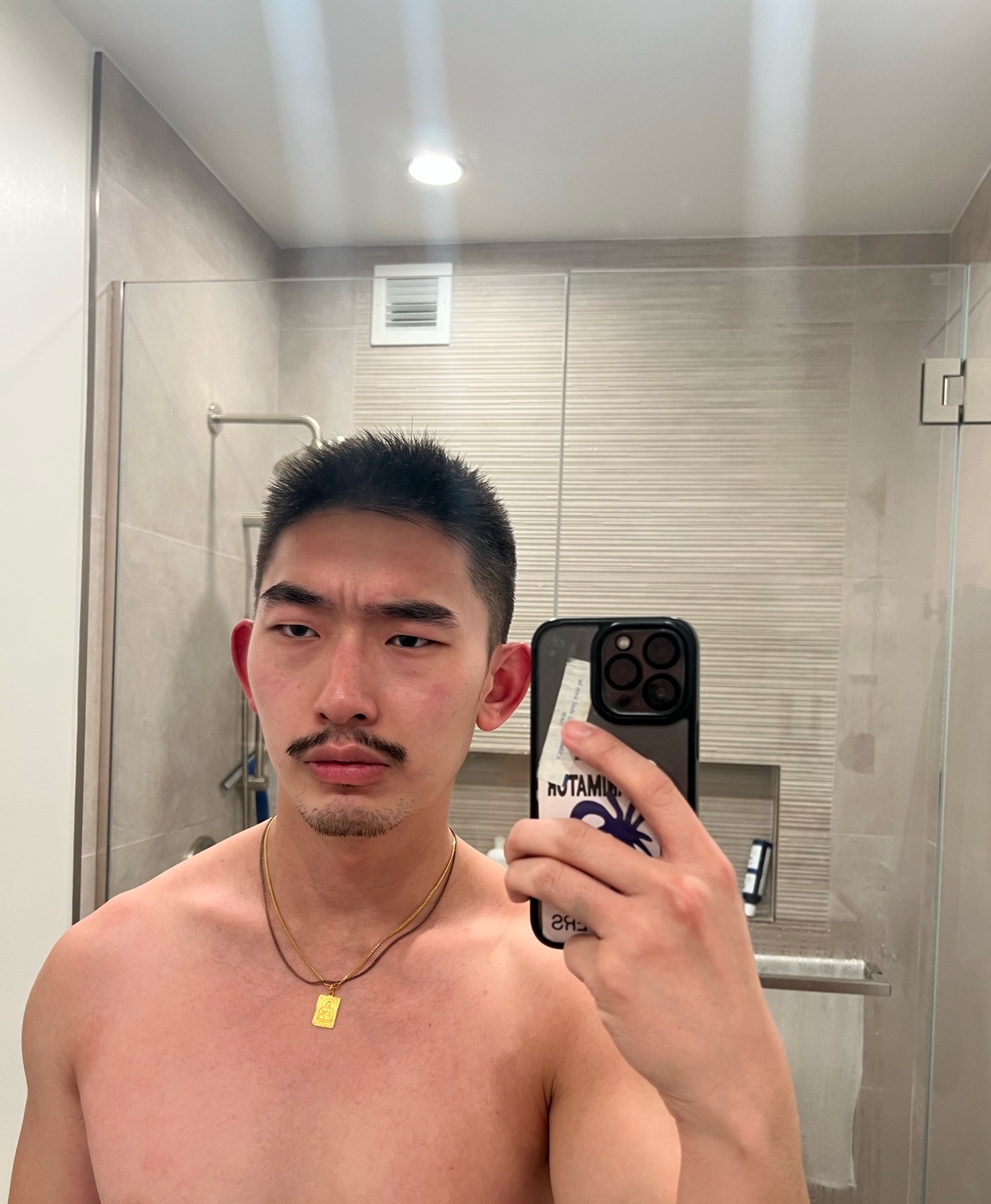 A man with a mustache takes a selfie in a bathroom mirror. He is shirtless and wearing a gold necklace.
