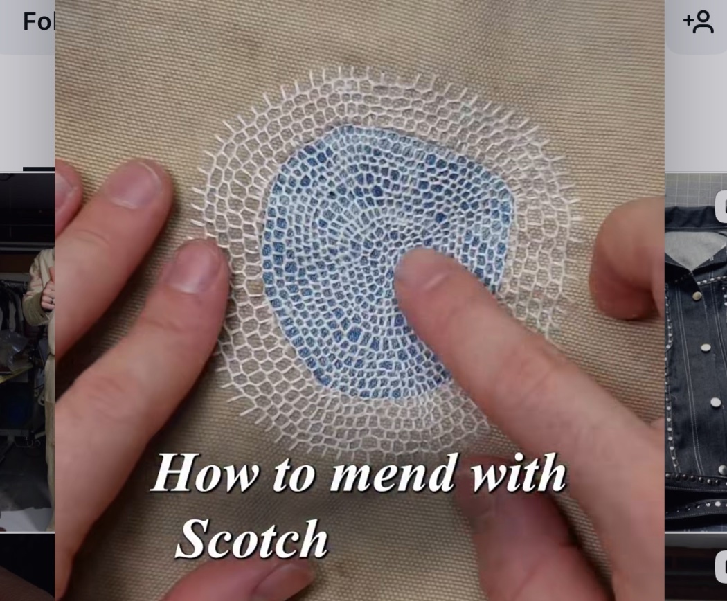 A close-up shot shows hands demonstrating a mending technique on fabric. The text overlay reads "How to mend with Scotch."