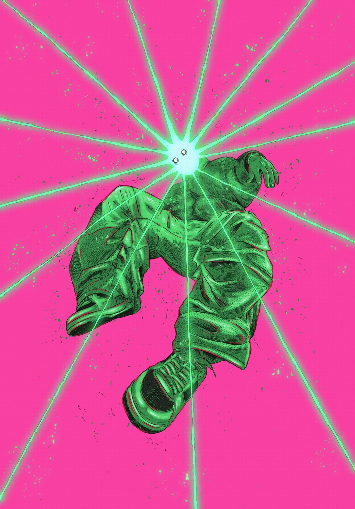 A surreal illustration features a pair of green pants and shoes floating against a vibrant pink background, radiating green light beams. The artwork has a distinct graphic design style with bold colors and abstract elements.