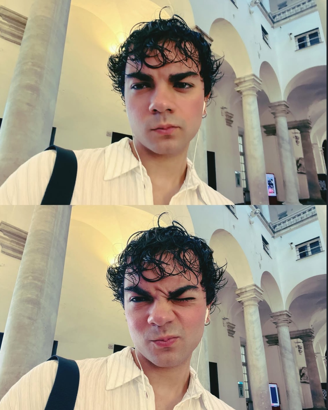 A split image shows a man with curly dark hair and a light-colored collared shirt. In the top panel, he looks directly at the camera with a neutral expression. In the bottom panel, he winks and makes a playful face.