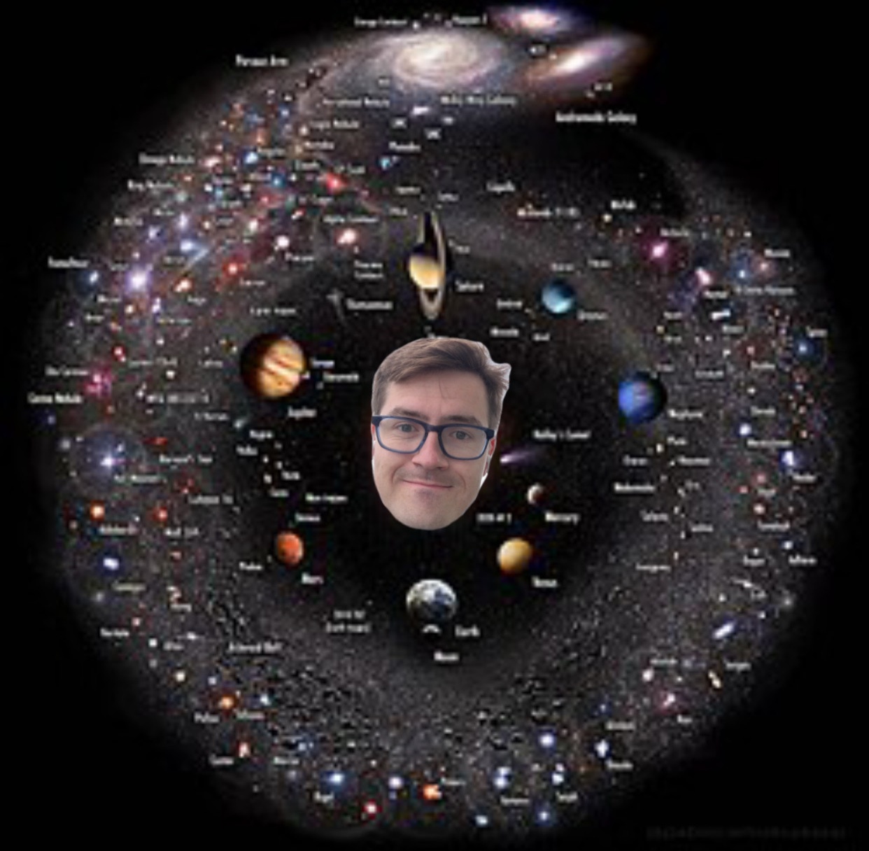 A man's face is superimposed in the center of an image depicting the solar system and surrounding galaxies. The man is wearing glasses and has a slight smile.