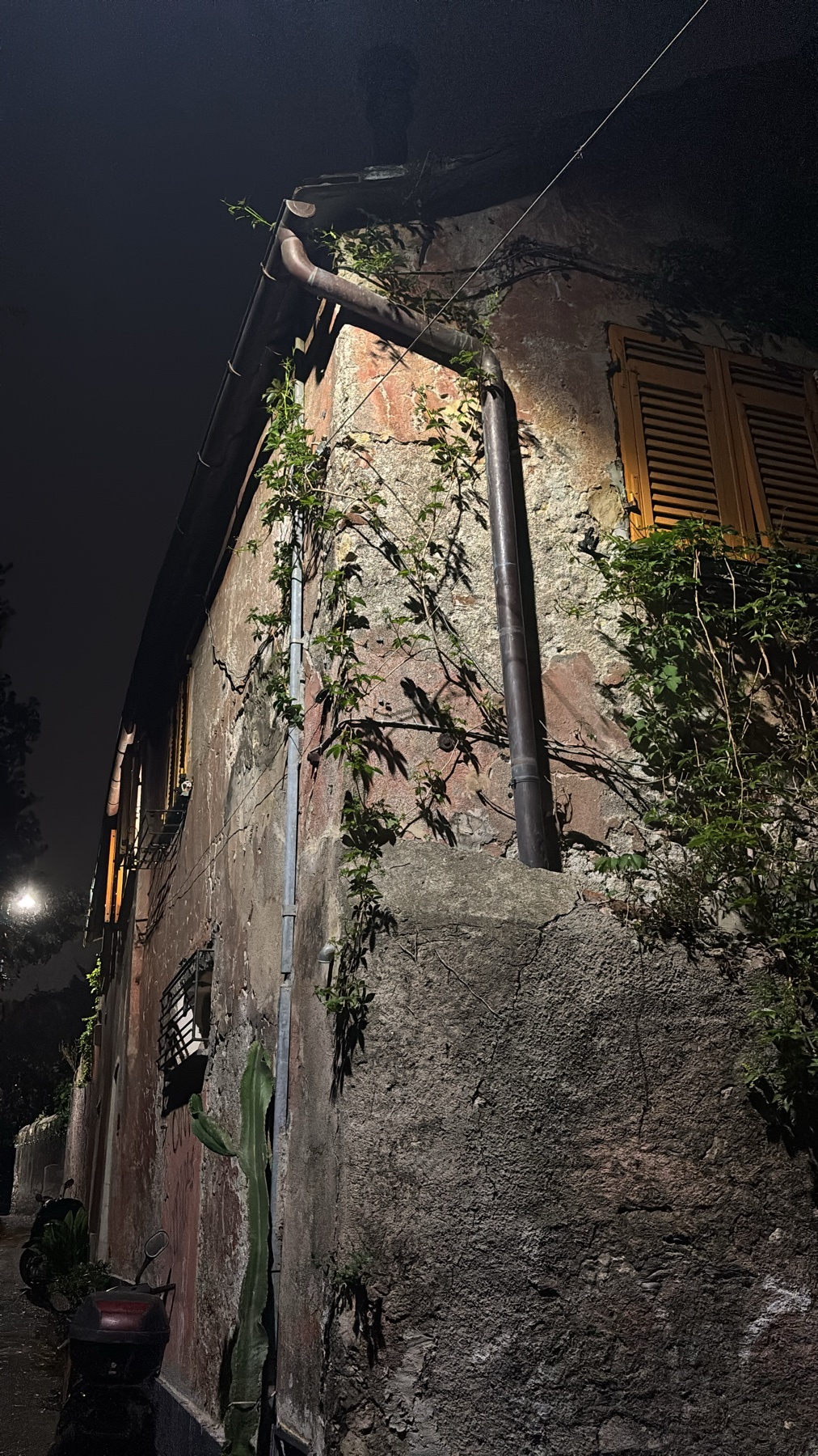 A low-angle shot of an old, ivy-covered building at night. The textured wall and shutters suggest a rustic, aged aesthetic.