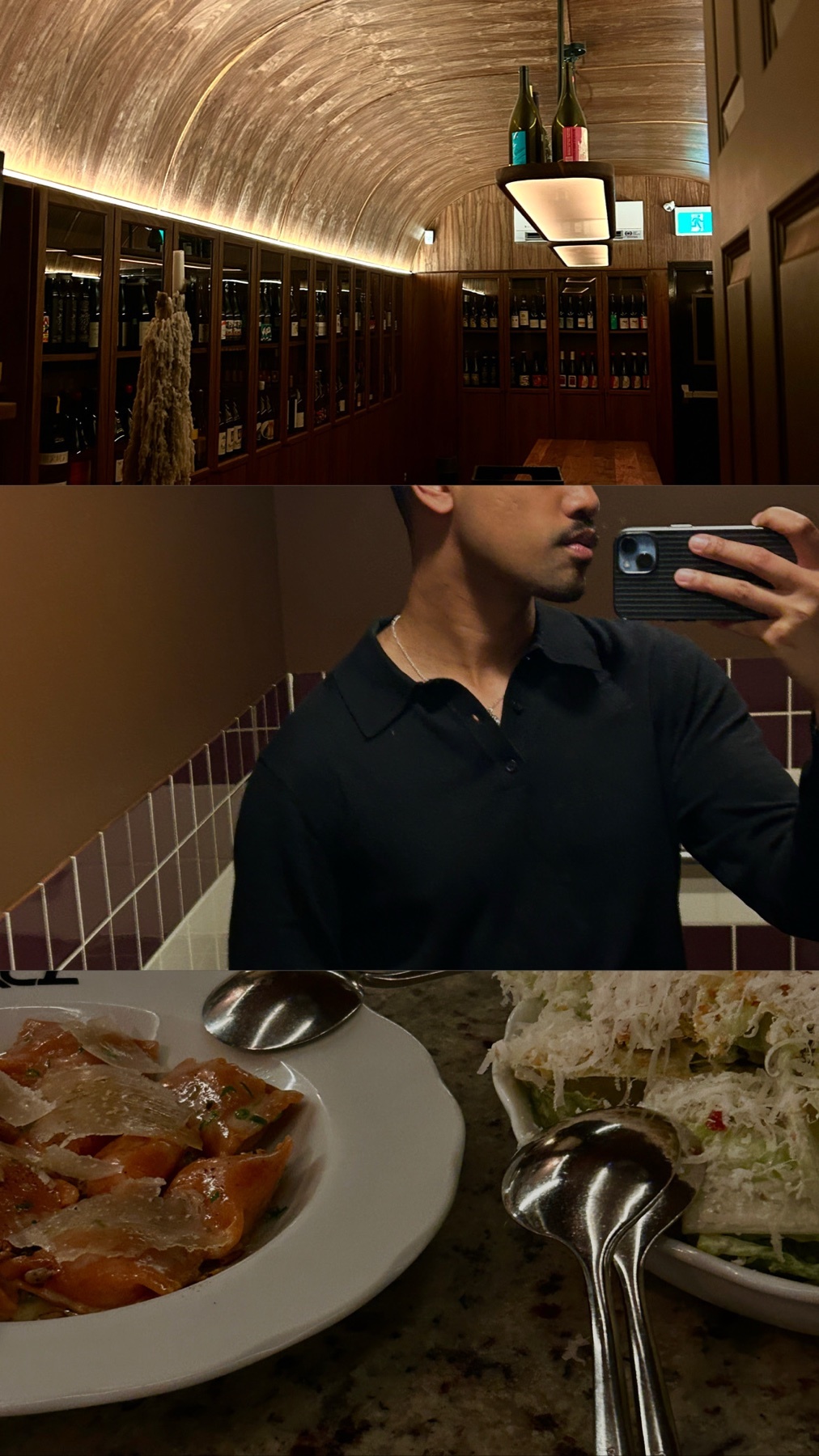 A three-panel collage shows a man taking a selfie in a restaurant, a wine cellar, and a close-up of two dishes of food.