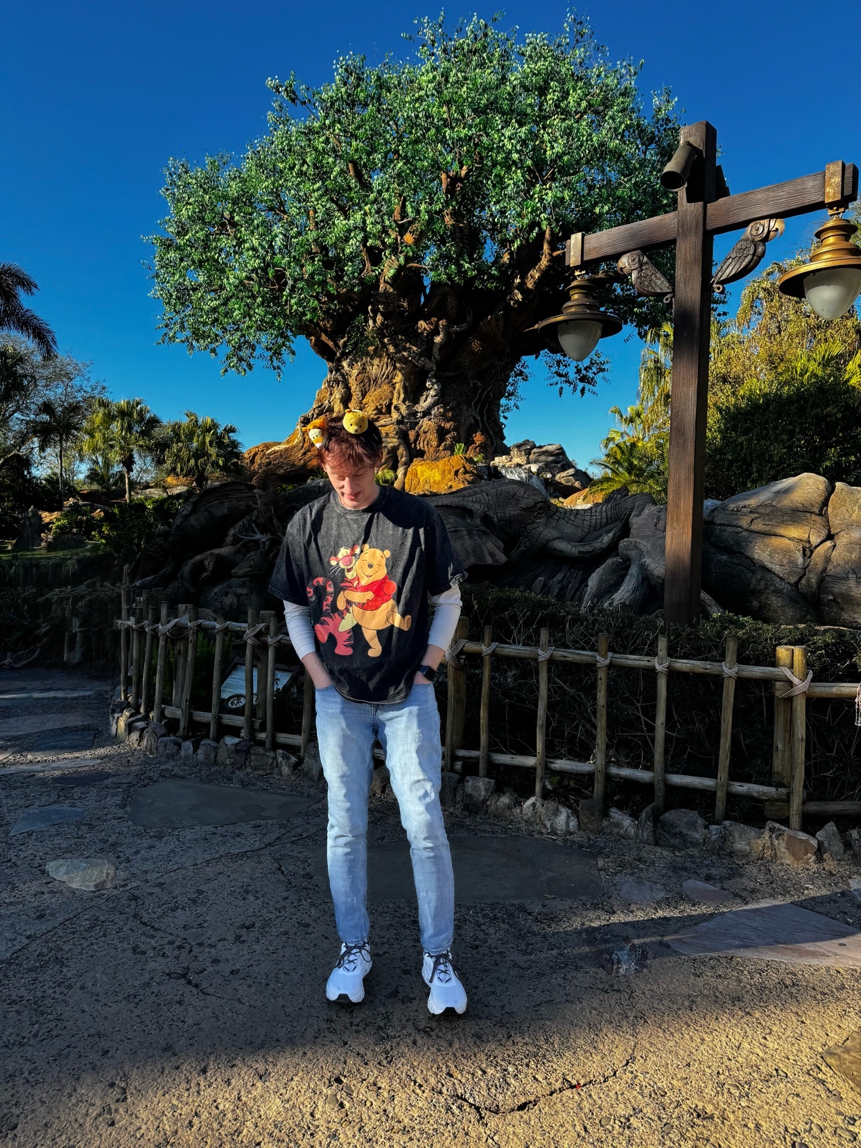 A man stands in front of a large tree at Disney World. He is wearing a Winnie the Pooh t-shirt and jeans.
