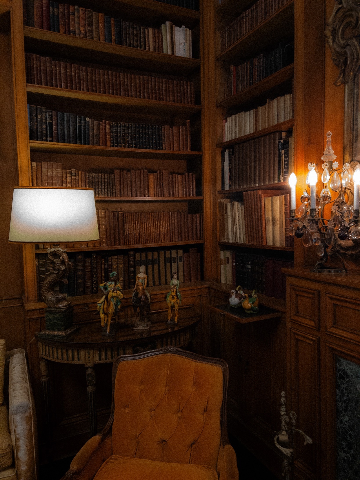 A cozy library with a vintage aesthetic. The image features a wooden bookcase filled with books, an armchair, and a lamp.