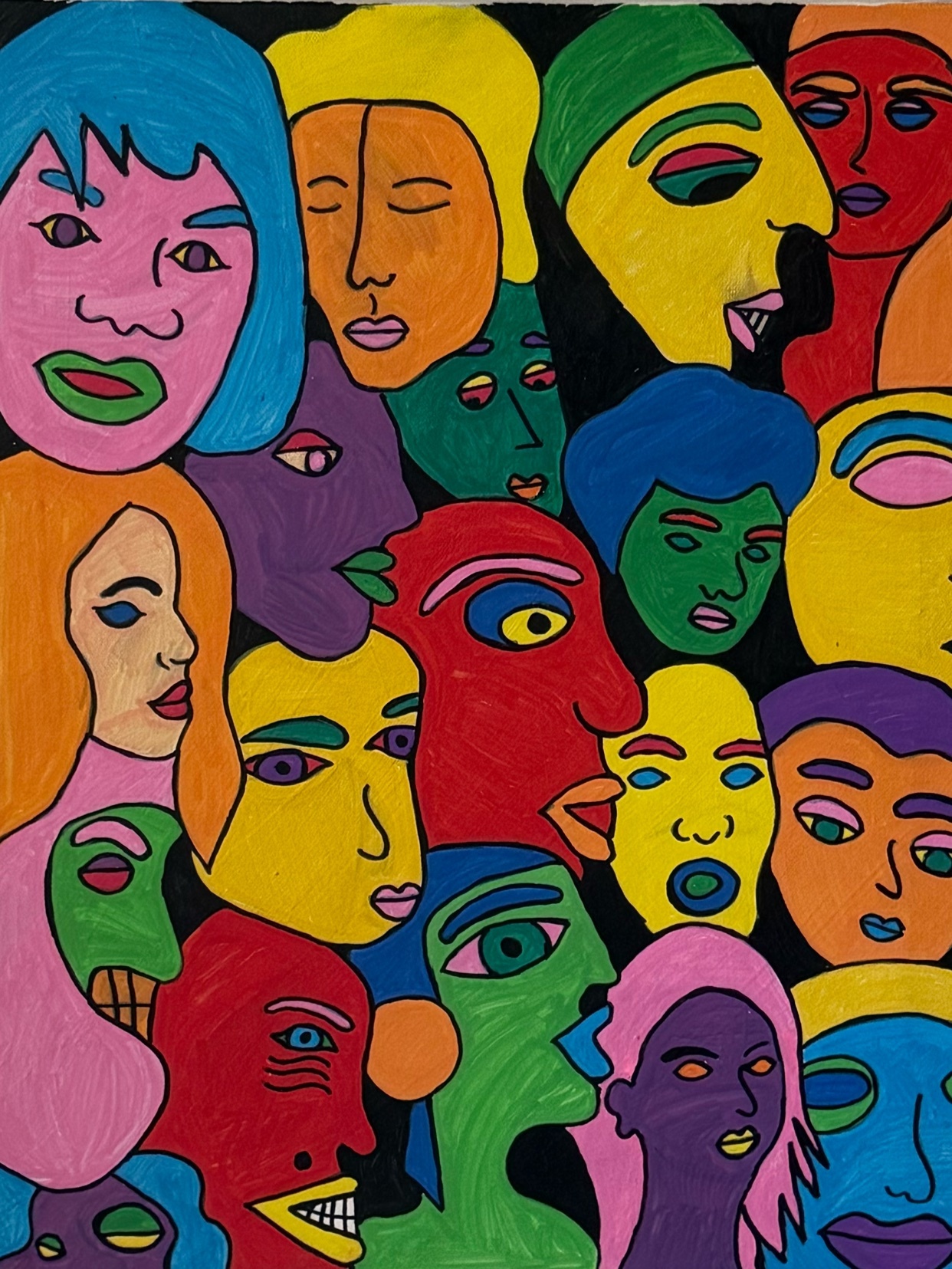 A colorful illustration featuring a collection of stylized faces. The artwork is vibrant and expressive, showcasing a variety of colors and shapes.