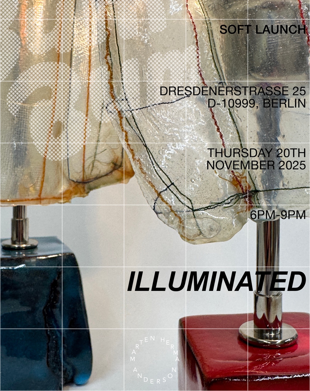 A graphic design poster for a soft launch event in Berlin. The poster includes the date, time, and location.