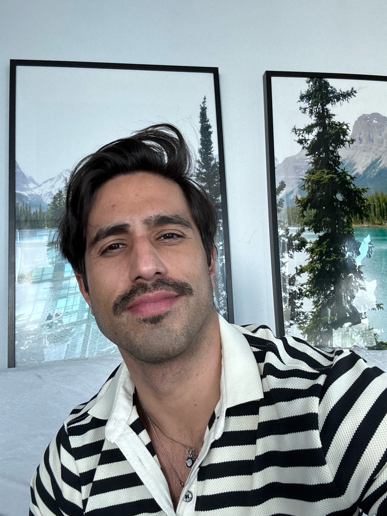 A man with a mustache takes a selfie. He is wearing a striped shirt.