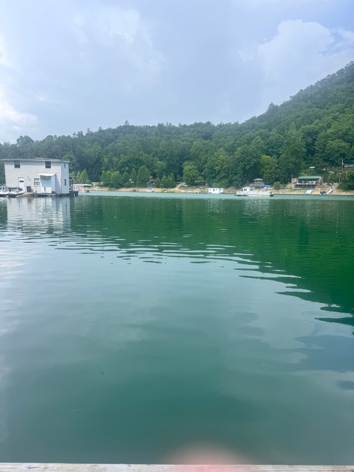 A serene lake scene with a dock in the foreground and buildings nestled among trees on the distant shore under a cloudy sky.