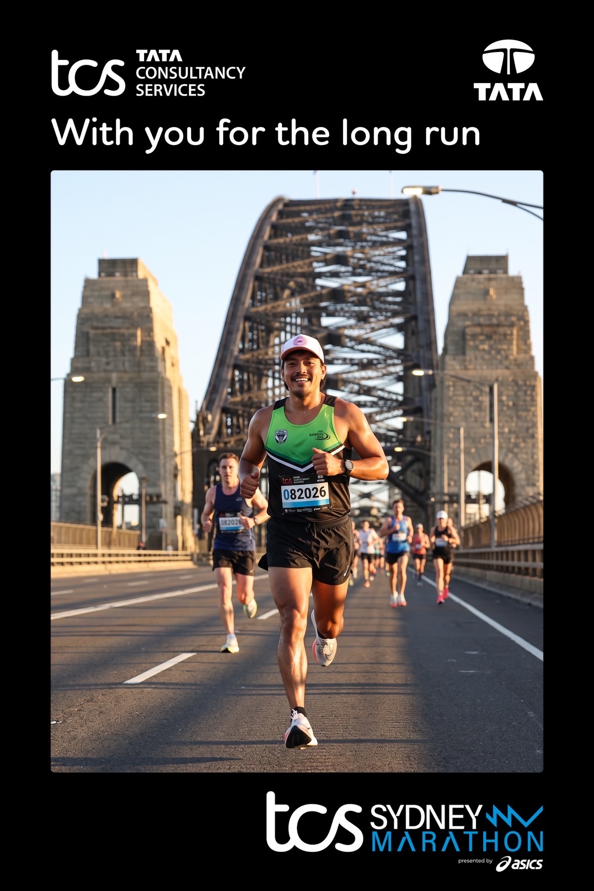 A man runs towards the camera on a bridge during the Sydney Marathon, with the iconic Sydney Harbour Bridge in the background. The TCS logo and the event name are visible, promoting the TCS Sydney Marathon.