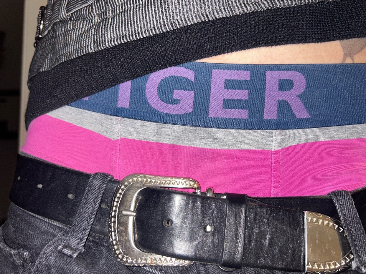 A close-up shot of a person's waist, showcasing a belt and colorful underwear. The image highlights the details of the clothing and accessories.