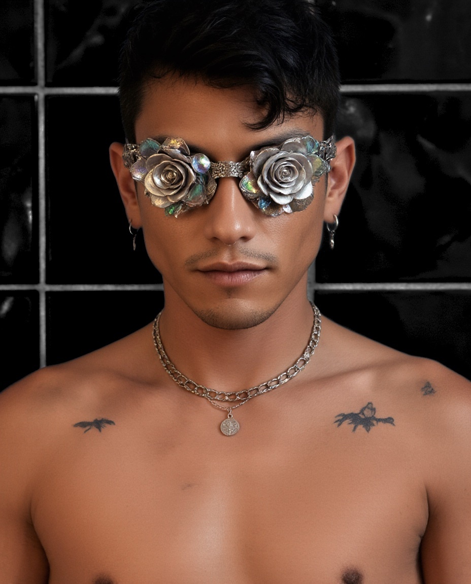 A shirtless man with dark hair and a mustache wears ornate, floral-adorned sunglasses and a silver chain necklace. He has tattoos on his chest and is looking directly at the camera.
