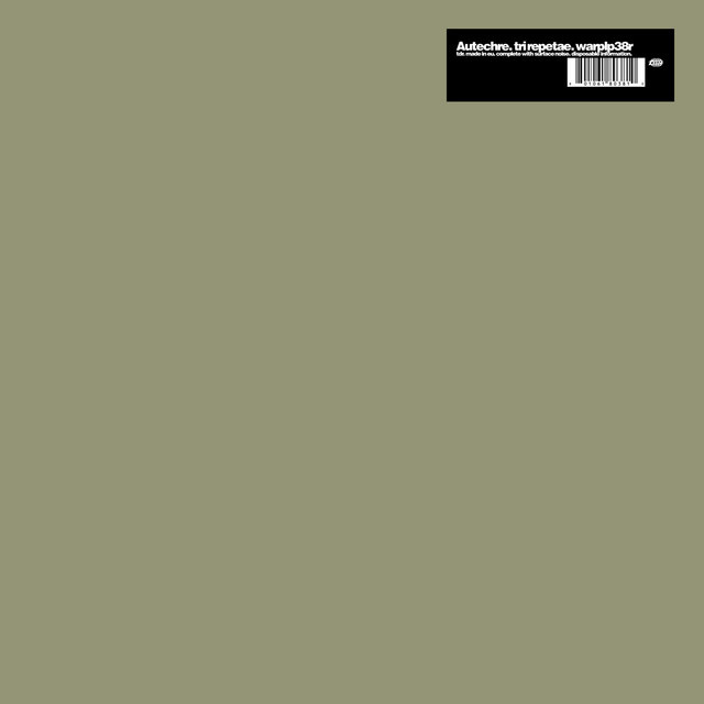 A minimalist album cover with a black rectangle containing text and a barcode. The background is a solid, muted green color.
