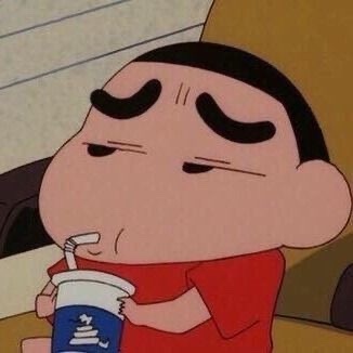 A cartoon image of Shin Chan drinking from a cup. The character has a bored expression.