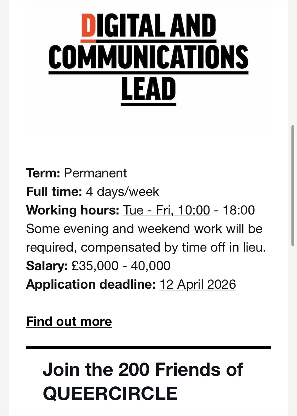 A job posting for a Digital and Communications Lead position at Queer Circle. The posting details the term, working hours, salary, and application deadline.