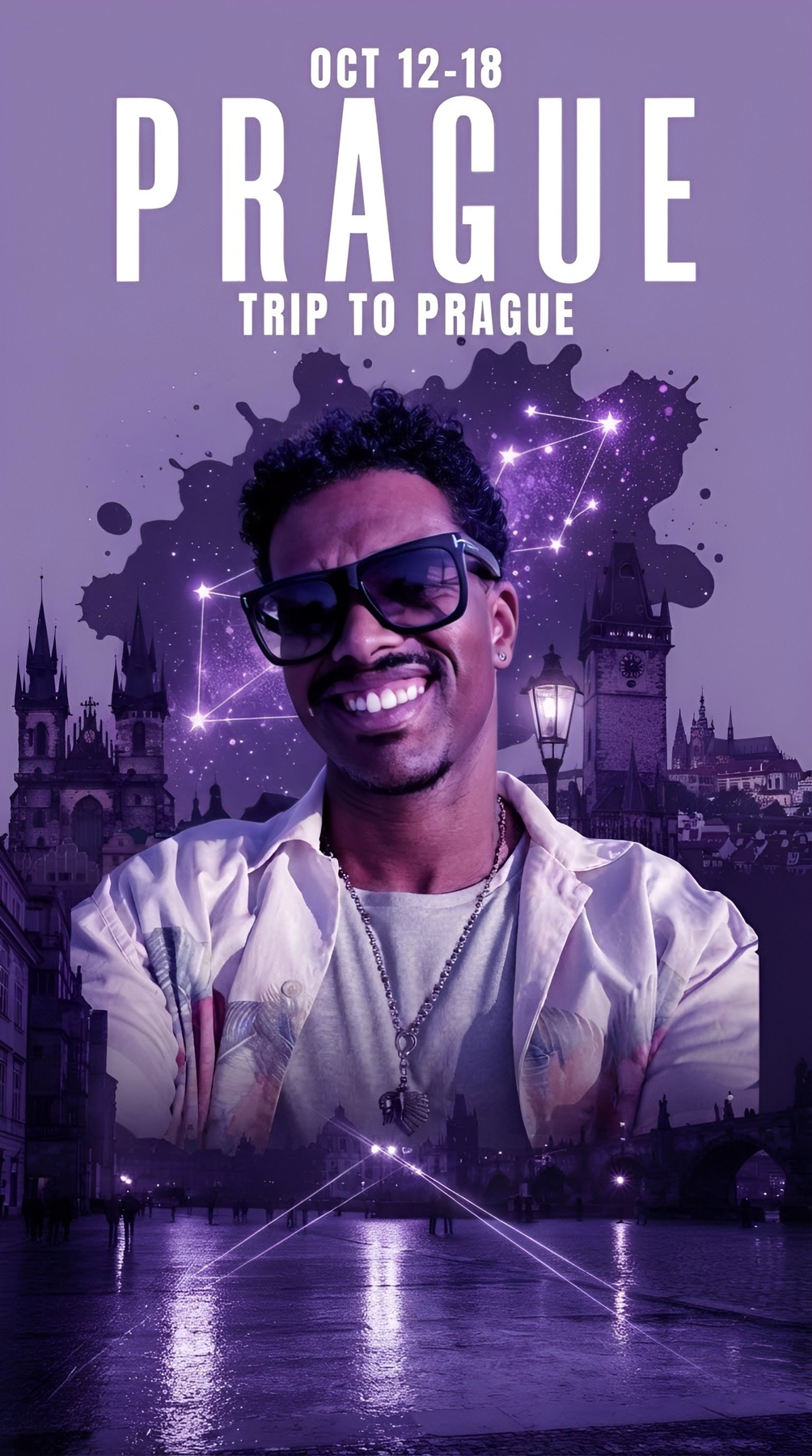 A man wearing sunglasses smiles at the camera in front of a purple-hued graphic overlay featuring constellations and splatters. The background depicts a nighttime cityscape with illuminated buildings and a bridge, suggesting a travel destination.