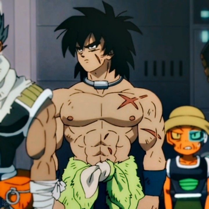 Broly from Dragon Ball Z is shirtless, showing off his muscular physique. He has dark hair and a stern expression.