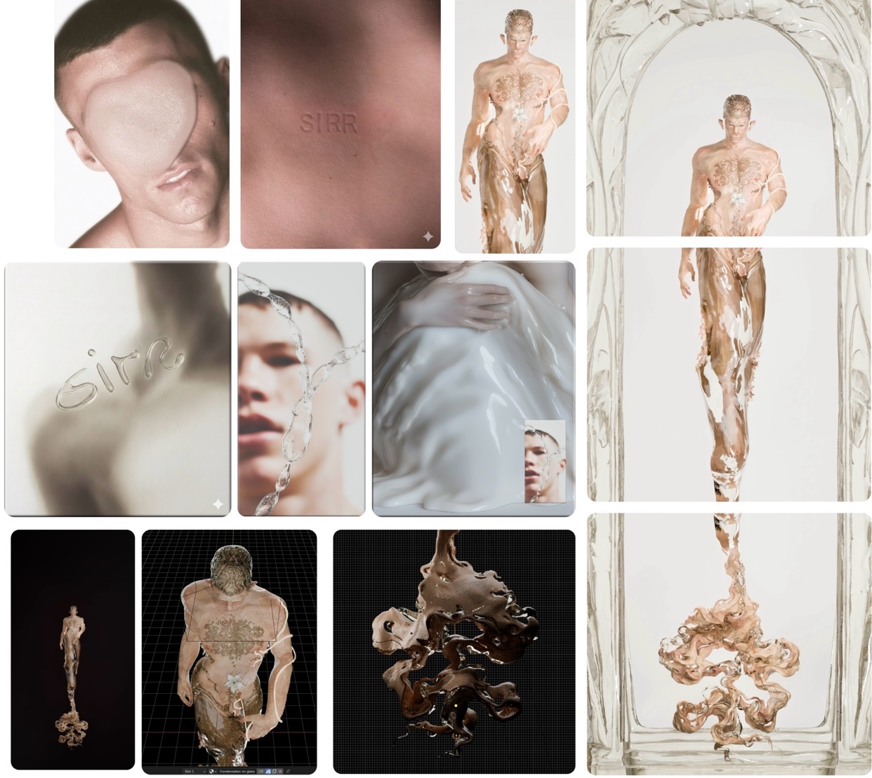 A collage of artistic images featuring a man, with elements of water and liquid interacting with his form. The overall aesthetic is modern and abstract, with a focus on the male physique and artistic expression.