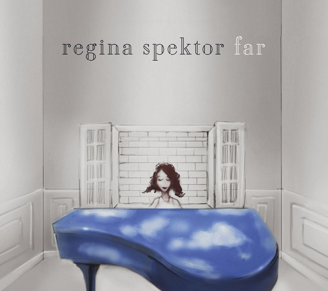 Album art for Regina Spektor's 'Far' features a stylized illustration of the singer behind a blue grand piano. The background depicts a room with a window, creating a whimsical and artistic composition.