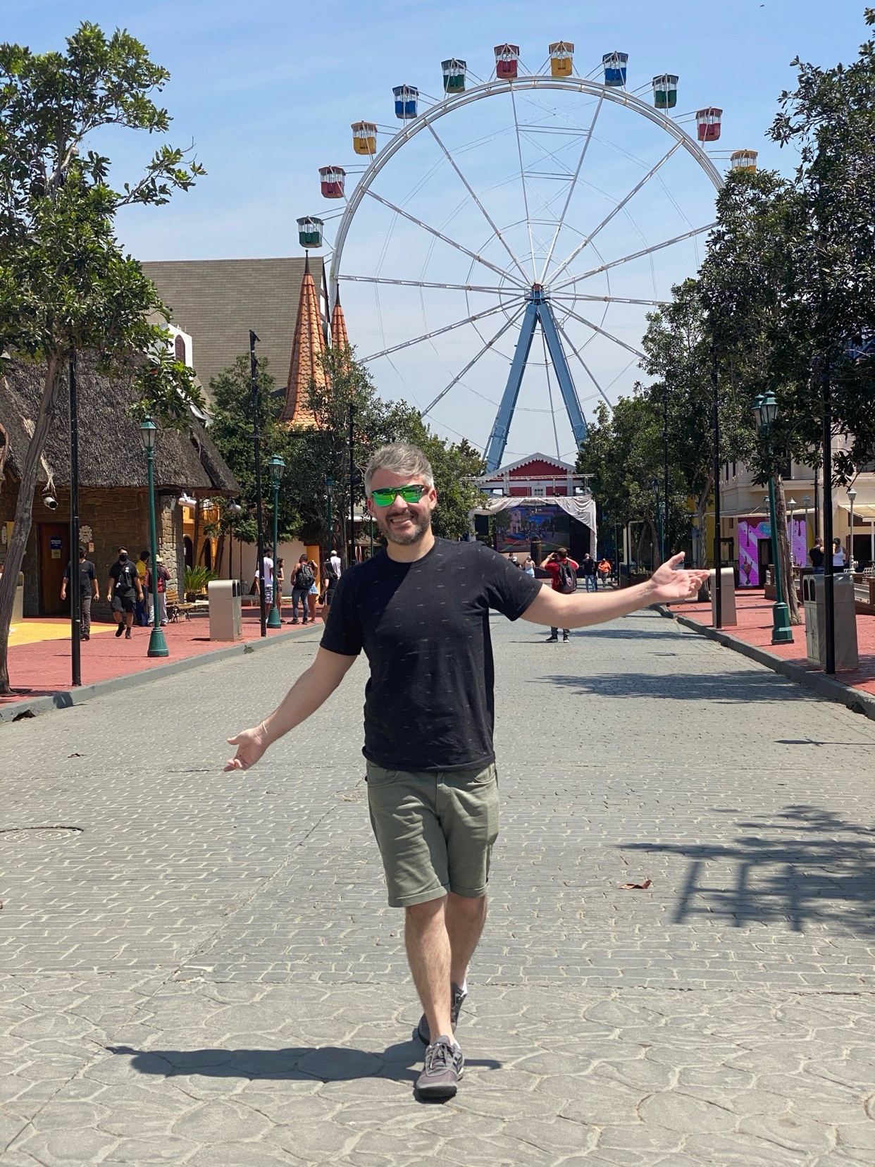 A man with sunglasses and a black t-shirt walks down a cobblestone path towards a large ferris wheel at an amusement park.