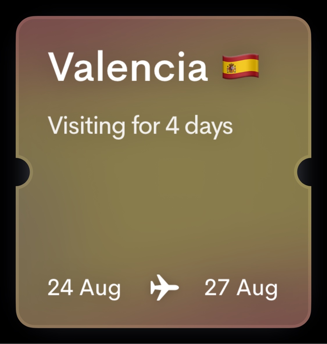 A graphic resembling a ticket or boarding pass displays 'Valencia' and the Spanish flag at the top. Below, it states 'Visiting for 4 days' with flight dates '24 Aug' and '27 Aug'.